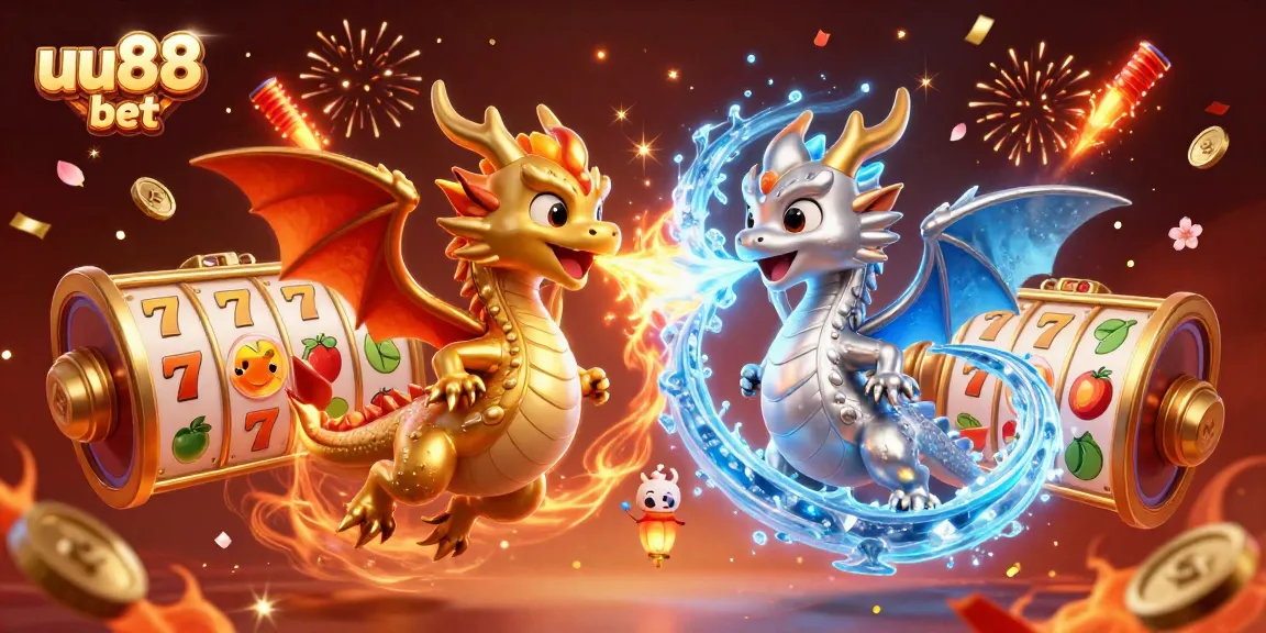 uu88 bet features an energetic scene with gold and silver dragons amid slot reels and festive decorations.