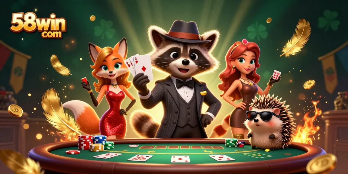 Experience thrills at 58win com with lively casino scenes featuring raccoon, fox and hedgehog characters.