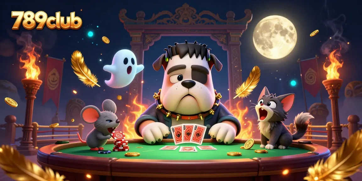 Experience thrilling wins at 789club with energetic characters dealing cards in a spooky casino scene.