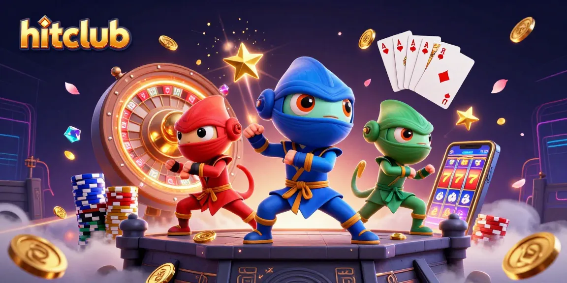 Hitclub offers exciting gaming experiences with a dynamic scene of ninja chameleons and casino elements.
