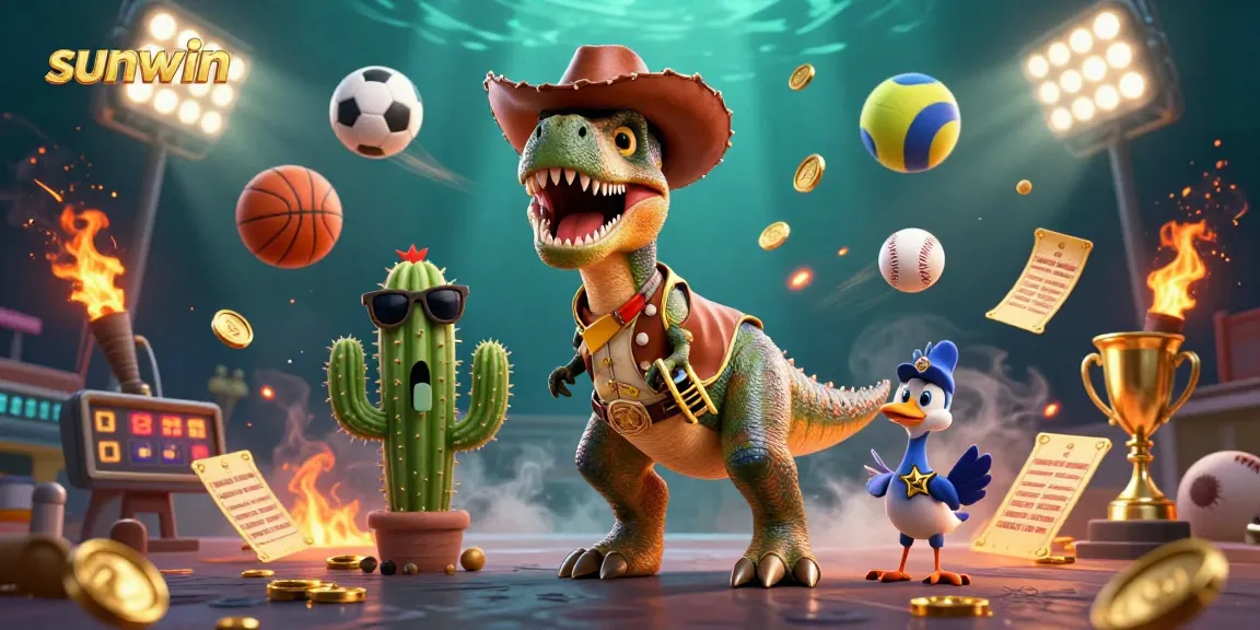 Experience the thrill of sunwin with an action-packed 3D illustration of a dinosaur, cactus, and roadrunner in a vibrant gambling scene.