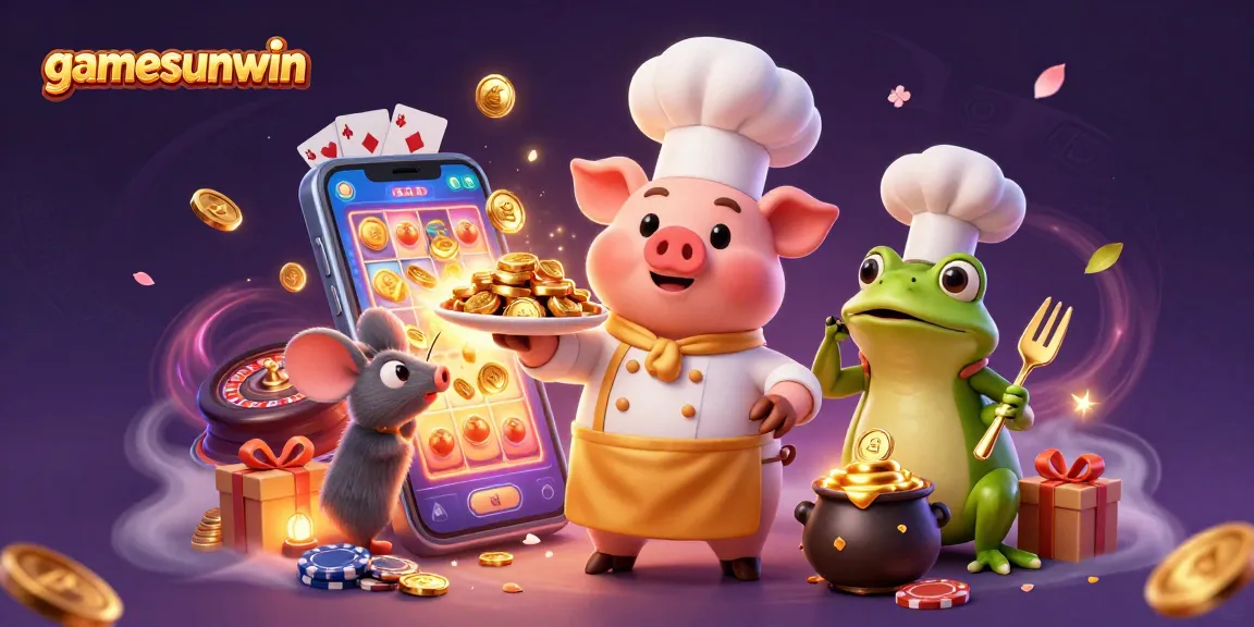 Experience excitement at gamesunwin with a gourmet gold coin feast led by a 3D chef pig amidst casino thrills.