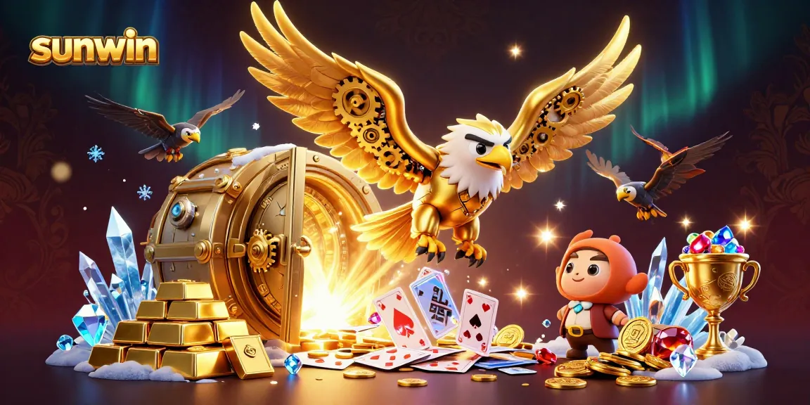 Experience the thrill at sunwin with our golden eagle amidst piles of treasure and immersive casino action