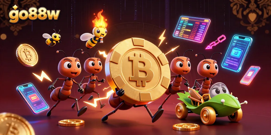 Experience thrilling gameplay at go88w with cartoon ants on a heist decorated with crypto elements.